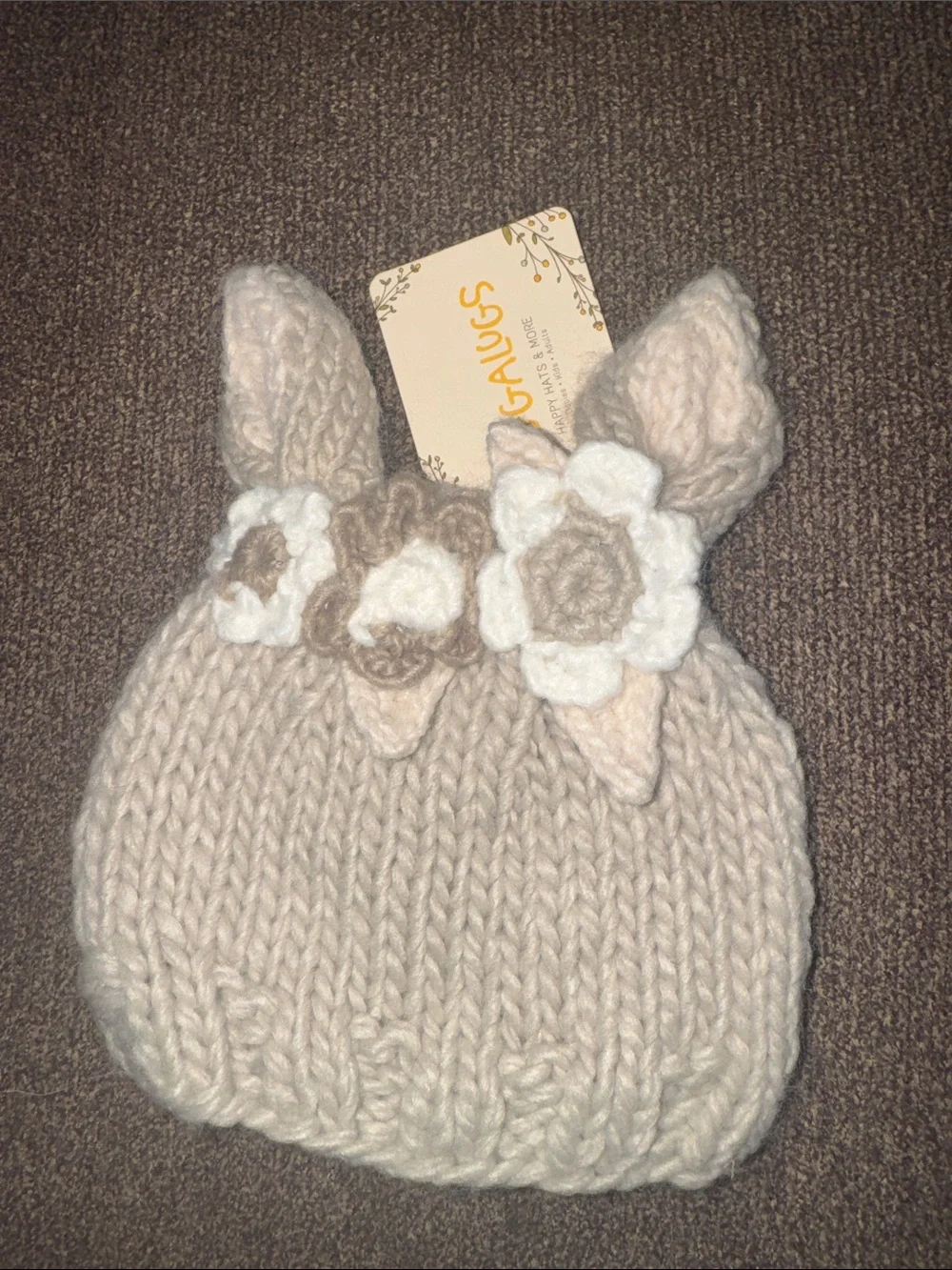 Cozy Cream Knit Bunny Ear Hat with Floral Accents